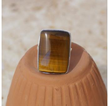 Bague rectangulaire pierre Oeil de tigre et argent T56