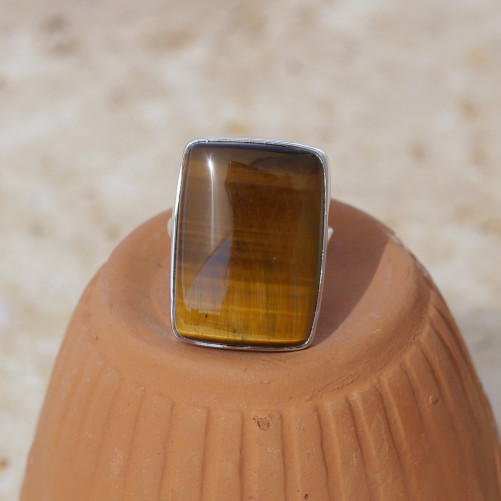 Bague rectangulaire pierre Oeil de tigre et argent T56