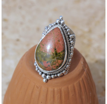 Chevalière mixte large argent ciselé et pierre Jaspe unakite T58