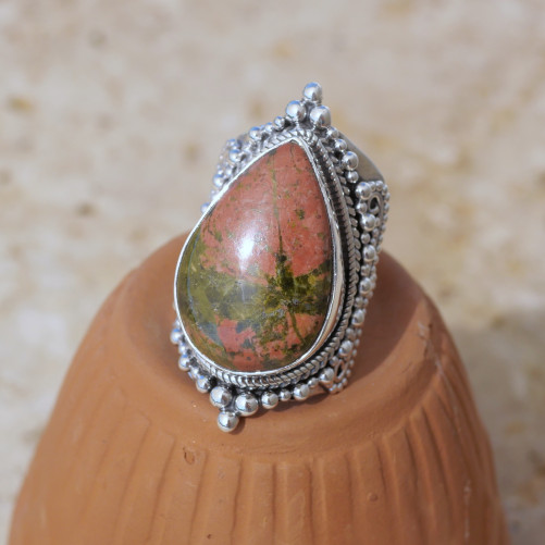 Chevalière mixte large argent ciselé et pierre Jaspe unakite T58