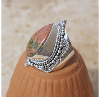 Chevalière mixte large argent ciselé et pierre Jaspe unakite T58