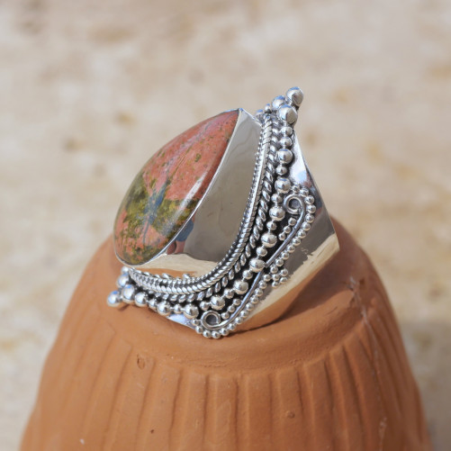 Chevalière mixte large argent ciselé et pierre Jaspe unakite T58