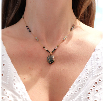 Collier ajustable grosse pierre Agate mousse