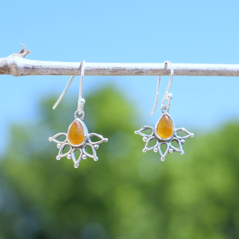 Boucles d'oreilles fines ajourées argent pierre Cornaline