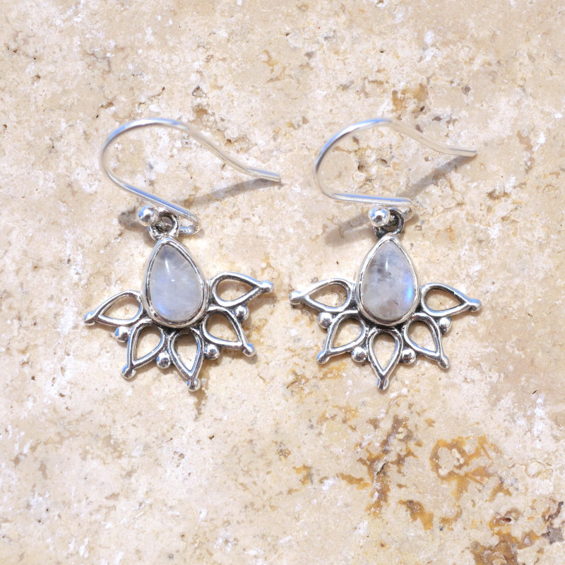 Boucles d'oreilles fines ajourées argent Pierre de lune
