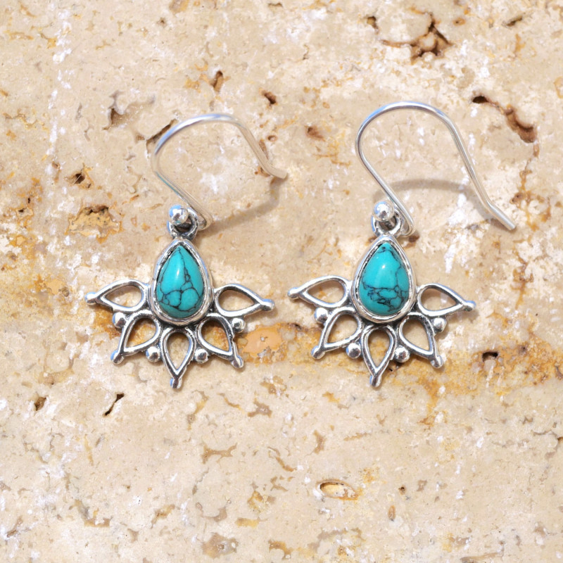 Boucles d'oreilles fines ajourées argent pierre Howlite bleue