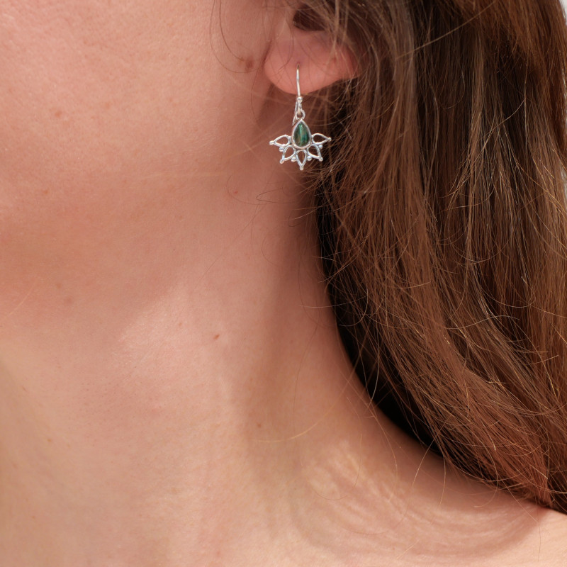 Boucles d'oreilles fines ajourées argent pierre Malachite