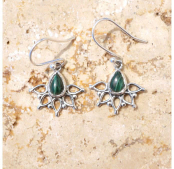 Boucles d'oreilles fines ajourées argent pierre Malachite