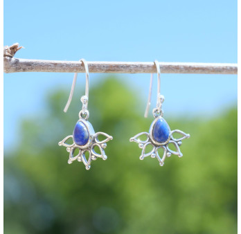 Boucles d'oreilles fines ajourées argent pierre Lapis lazuli