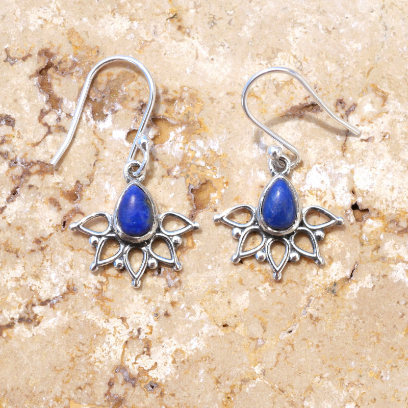 Boucles d'oreilles fines ajourées argent pierre Lapis lazuli