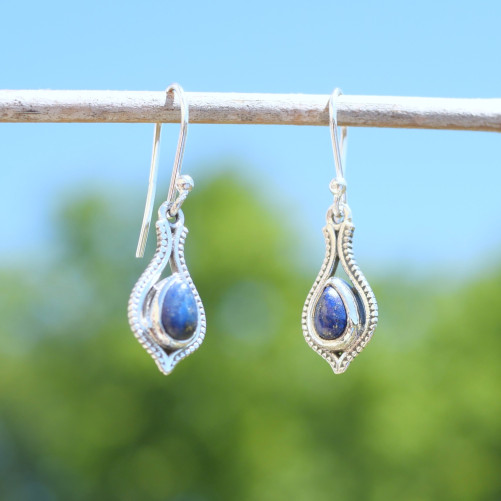 Petites boucles d'oreilles fines argent pierre Lapis lazuli