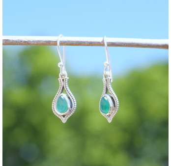 Petites boucles d'oreilles fines argent pierre Agate verte