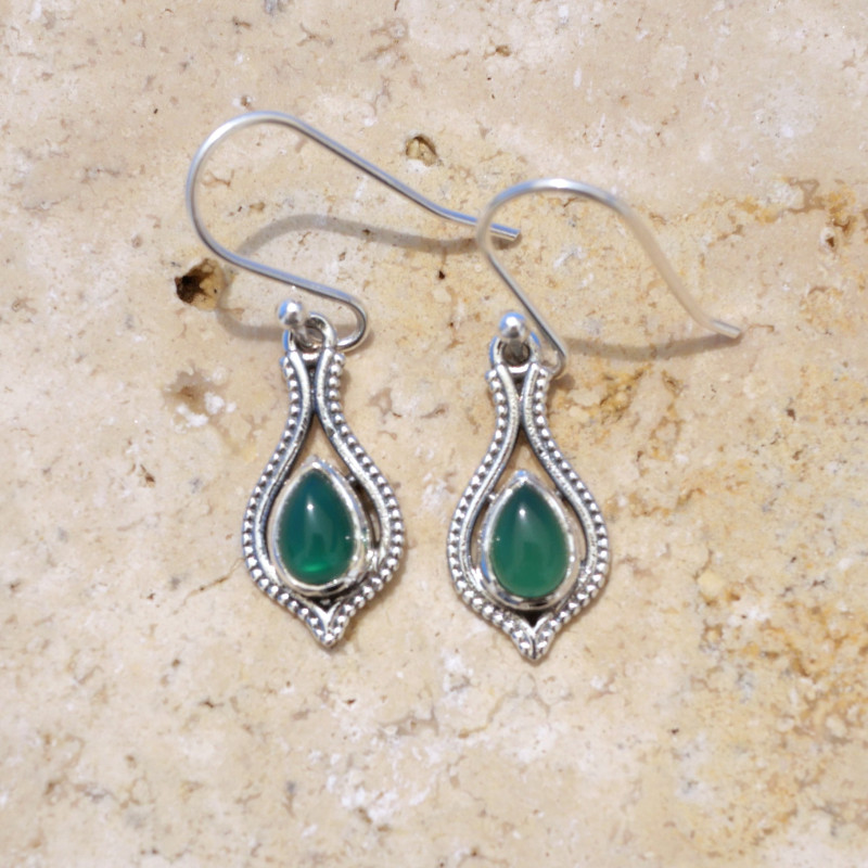 Petites boucles d'oreilles fines argent pierre Agate verte Petites boucles d'oreilles fines argent pierre Agate verte