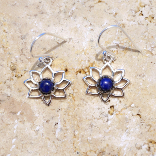 Petites boucles d'oreilles Lotus argent pierre Lapis lazuli