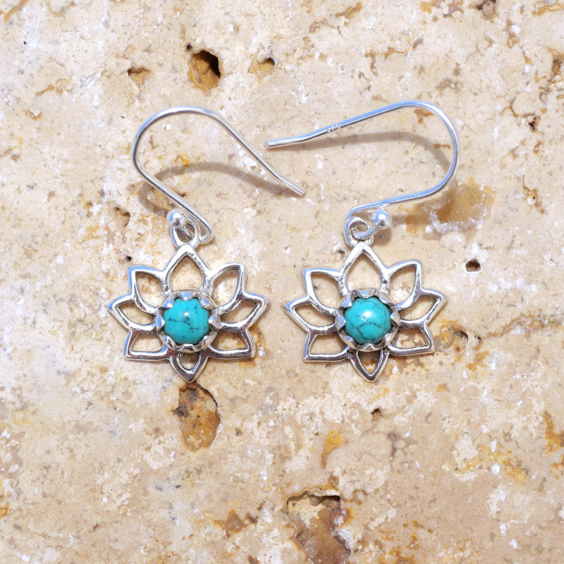 Petites boucles d'oreilles Lotus argent pierre Howlite bleue