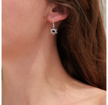 Petites boucles d'oreilles Soleil argent pierre Onyx noir