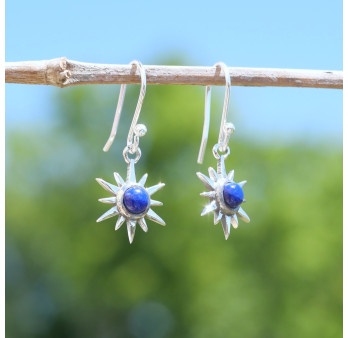 Petites boucles d'oreilles Soleil argent pierre Lapis lazuli