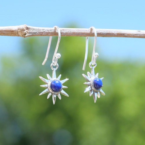 Petites boucles d'oreilles Soleil argent pierre Lapis lazuli