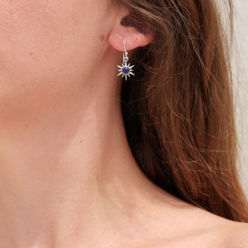 Petites boucles d'oreilles Soleil argent pierre Lapis lazuli