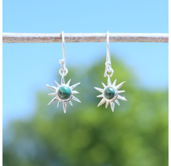 Petites boucles d'oreilles Soleil argent pierre Malachite