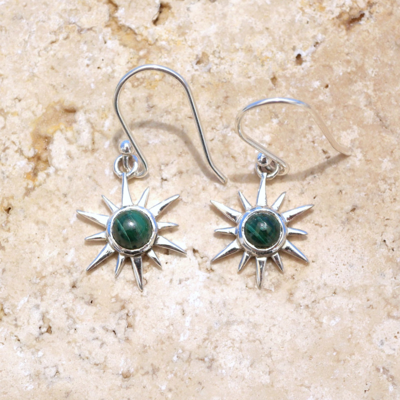 Petites boucles d'oreilles Soleil argent pierre Malachite