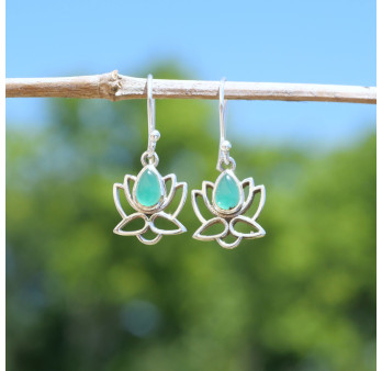 Petites boucles d'oreilles Lotus argent et pierre Agate verte