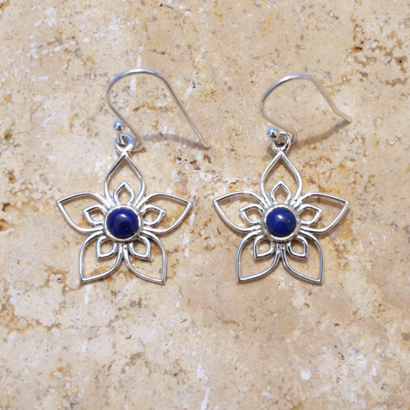 Boucles d'oreilles fleurs ajourées argent et pierre Lapis lazuli