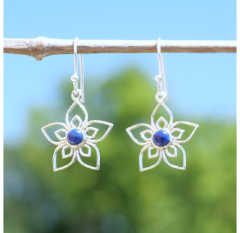 Boucles d'oreilles fleurs ajourées argent et pierre Lapis lazuli
