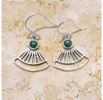 Boucles d'oreilles éventail ajourées argent et pierre Malachite