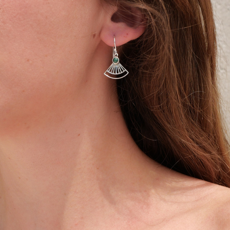 Boucles d'oreilles éventail ajourées argent et pierre Malachite