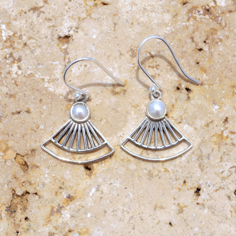 Boucles d'oreilles éventail ajourées argent et Perle de culture