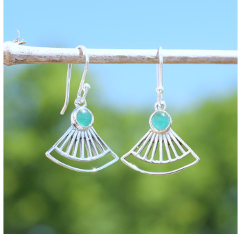 Boucles d'oreilles éventail ajourées argent et pierre Agate verte