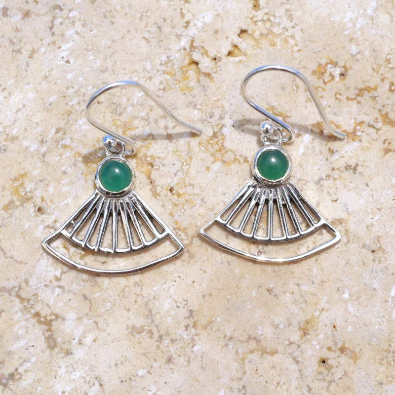 Boucles d'oreilles éventail ajourées argent et pierre Agate verte