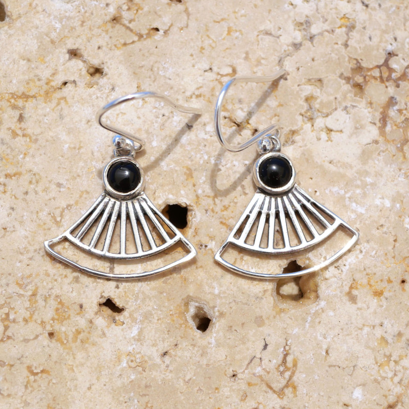 Boucles d'oreilles éventail ajourées argent et pierre Onyx noir