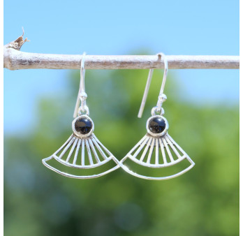 Boucles d'oreilles éventail ajourées argent et pierre Onyx noir