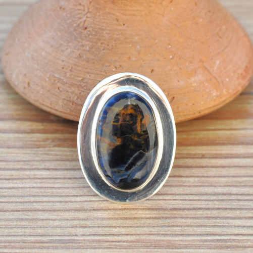 Belle bague ovale argent plat et pierre naturelle PIETERSITE (bleu) T54