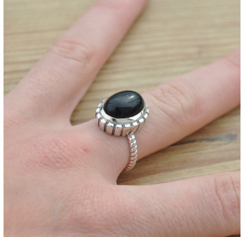 Bague haute argent strié et Onyx bombé (noir) T56