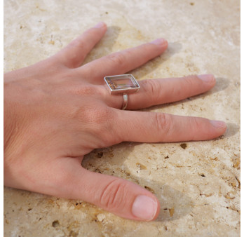 Bague rectangulaire argent et pierre naturelle Amétrine T57