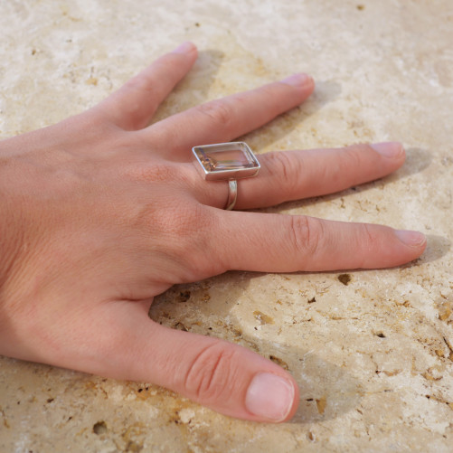 Bague rectangulaire argent et pierre naturelle Amétrine T57