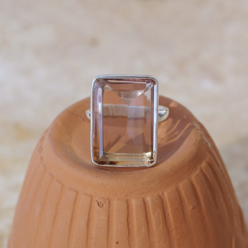 Bague rectangulaire argent et pierre naturelle Amétrine T57