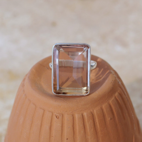 Bague rectangulaire argent et pierre naturelle Amétrine T57