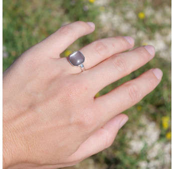 Bague argent carrée en Pierre de lune saumonée T52
