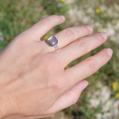 Bague argent carrée en Pierre de lune saumonée T52