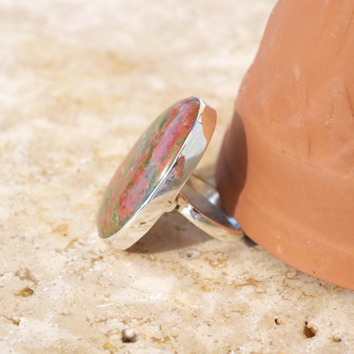 Bague ovale pierre Jaspe unakite et argent T58