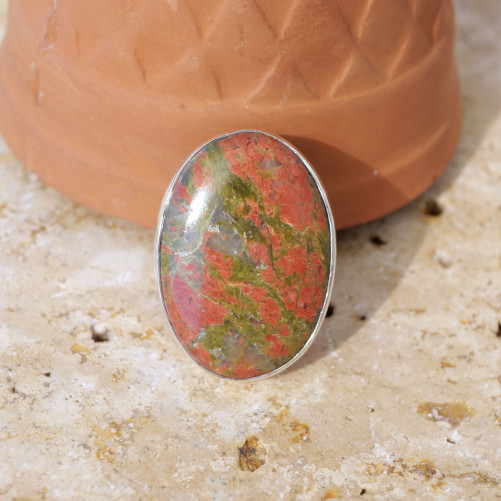 Bague ovale pierre Jaspe unakite et argent T58