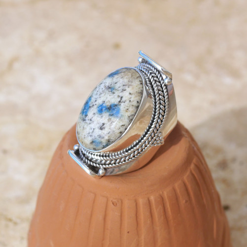 Chevalière mixte large argent et pierre Jaspe K2 ovale T56