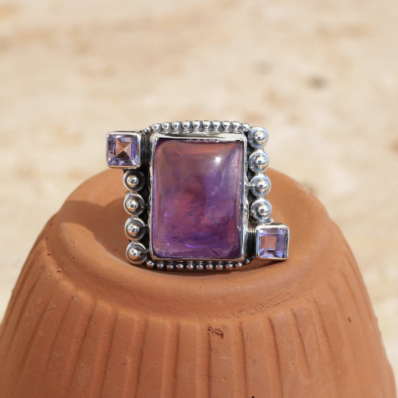 Bague argent grosse pierre rectangulaire Améthyste T54