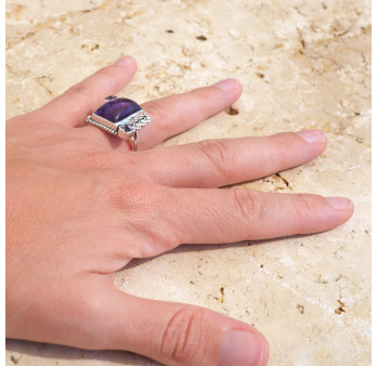 Bague argent grosse pierre rectangulaire Améthyste T54