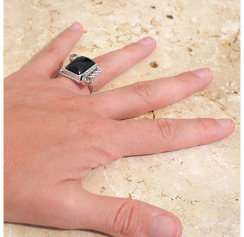 Bague argent grosse pierre rectangulaire Onyx noir T54