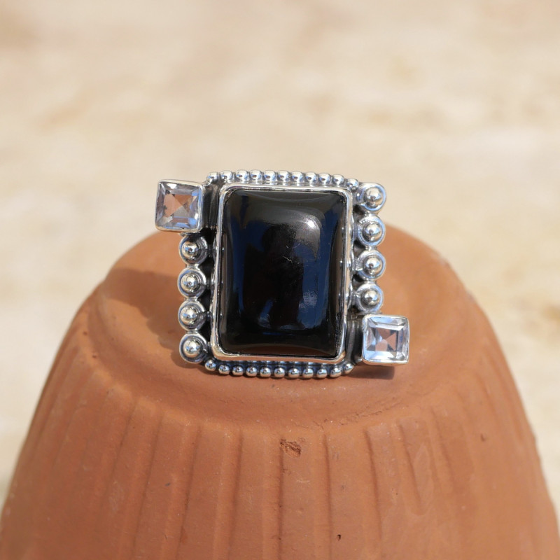 Bague argent grosse pierre rectangulaire Onyx noir T54